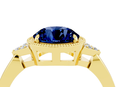 Yellow gold Round Cut Blue Sapphire Halo Ring with Tapered Band and Four-Prong Setting_4