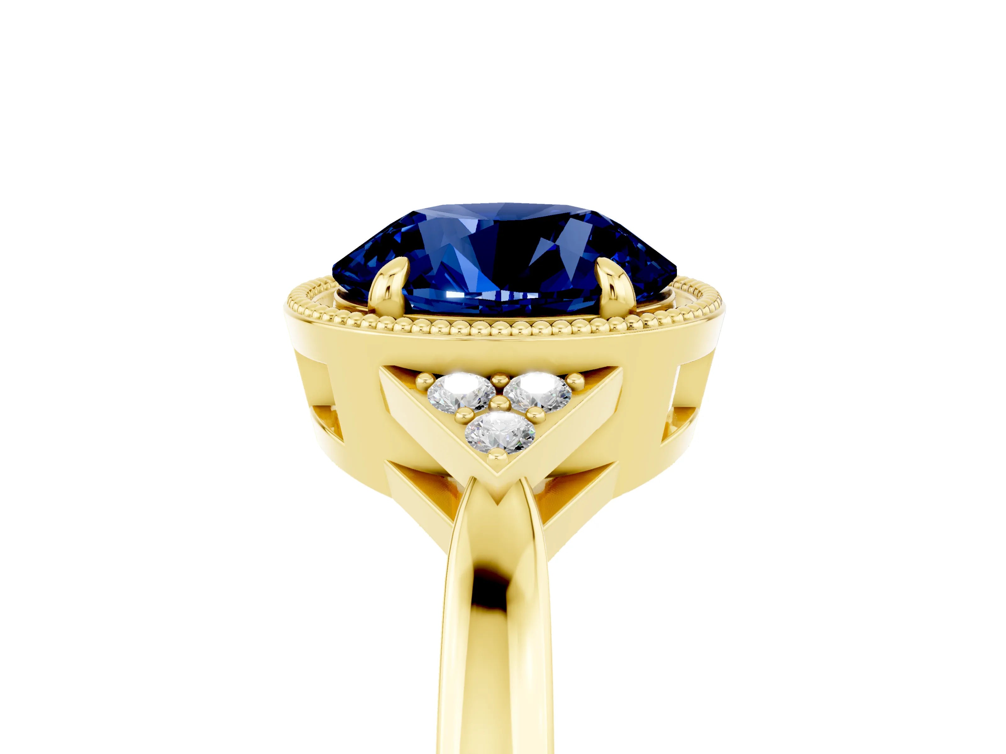 Yellow gold Round Cut Blue Sapphire Halo Ring with Tapered Band and Four-Prong Setting_5