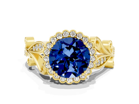 Yellow gold Round Cut Blue Sapphire Halo Ring with Vintage Split Shank and Four-Prong Setting_20