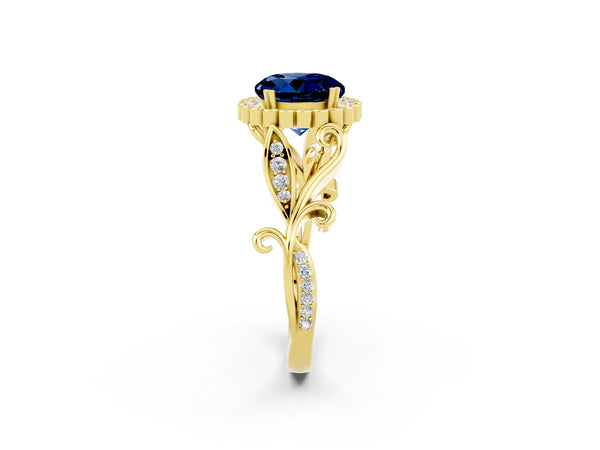 Yellow gold Round Cut Blue Sapphire Halo Ring with Vintage Split Shank and Four-Prong Setting