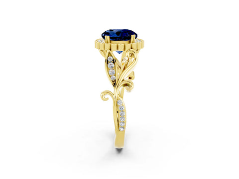 Yellow gold Round Cut Blue Sapphire Halo Ring with Vintage Split Shank and Four-Prong Setting_22