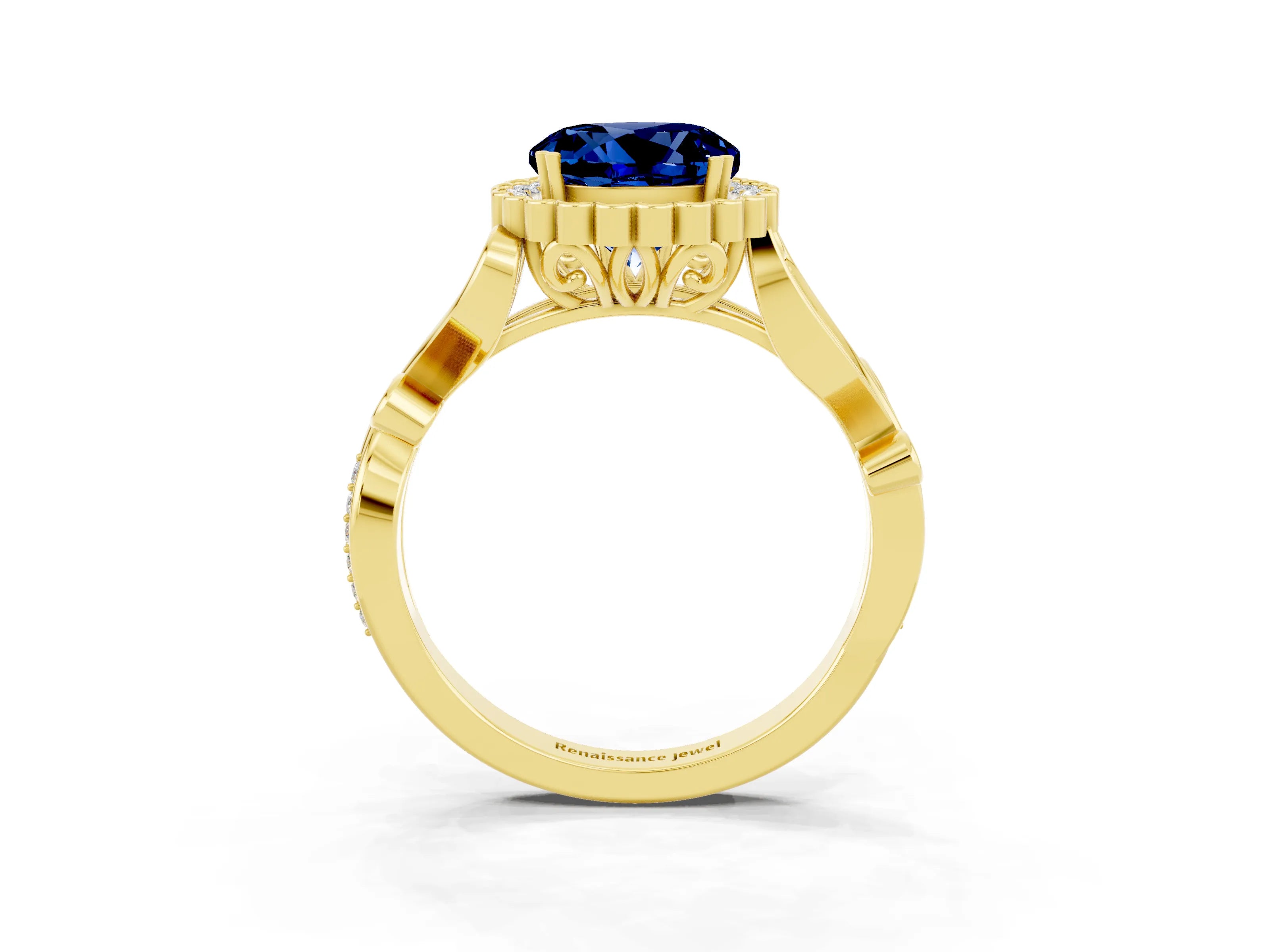 Yellow gold Round Cut Blue Sapphire Halo Ring with Vintage Split Shank and Four-Prong Setting_23