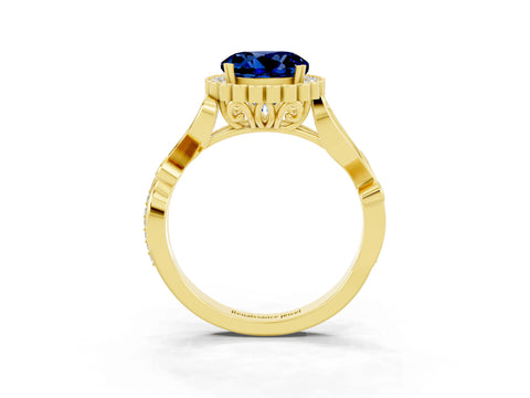 Yellow gold Round Cut Blue Sapphire Halo Ring with Vintage Split Shank and Four-Prong Setting_23