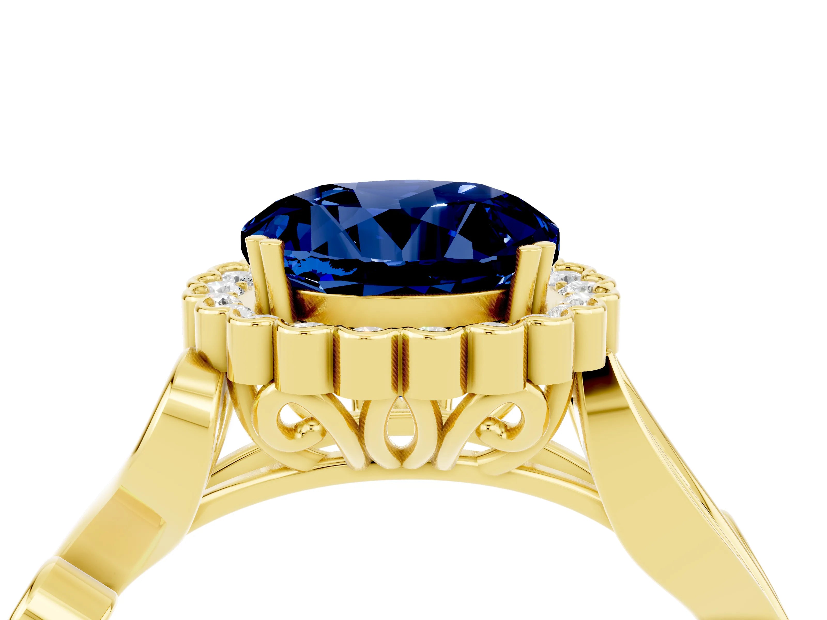 Yellow gold Round Cut Blue Sapphire Halo Ring with Vintage Split Shank and Four-Prong Setting_24