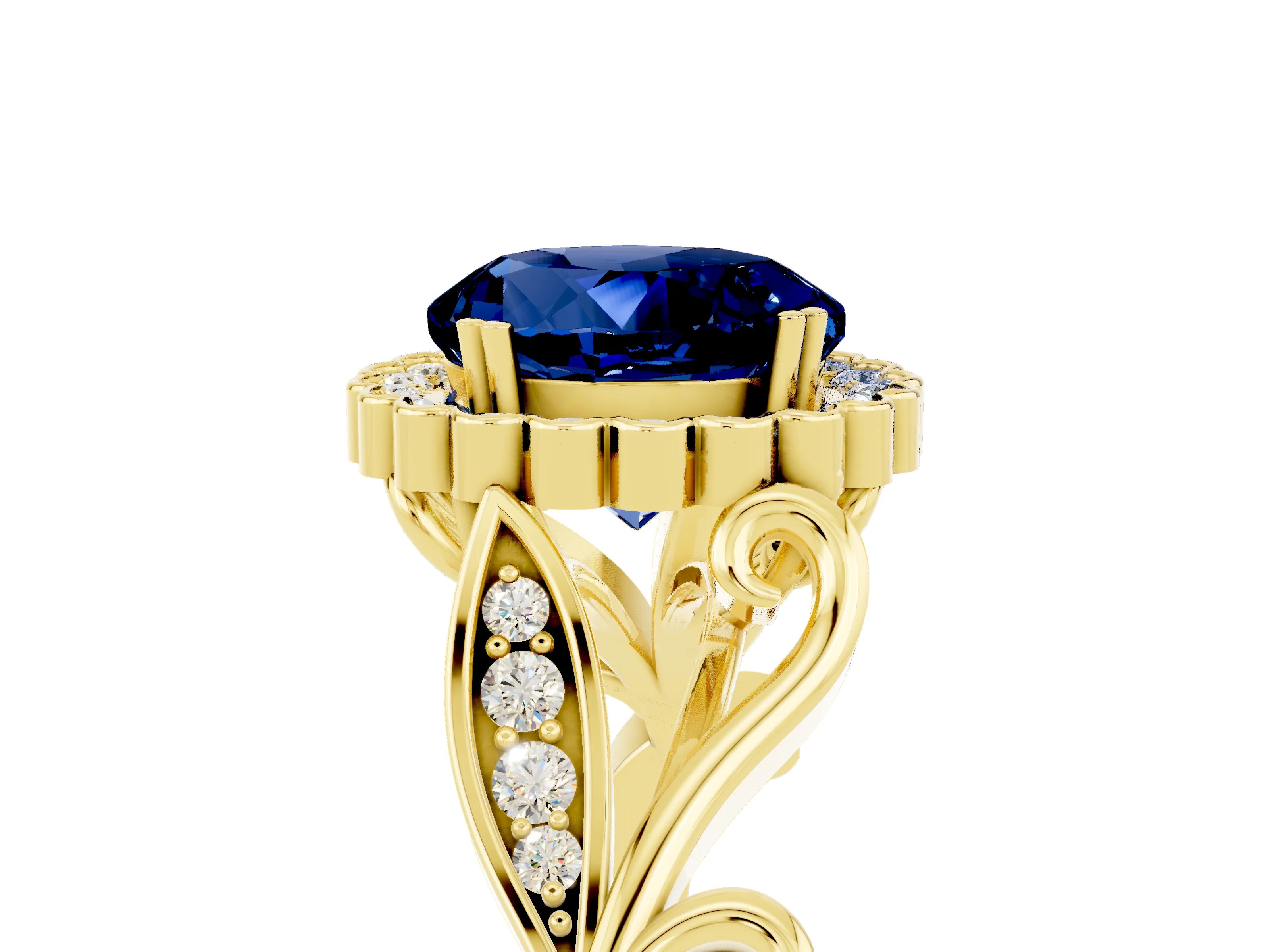 Yellow gold Round Cut Blue Sapphire Halo Ring with Vintage Split Shank and Four-Prong Setting_25