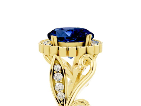 Yellow gold Round Cut Blue Sapphire Halo Ring with Vintage Split Shank and Four-Prong Setting_25