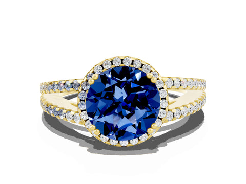 Yellow gold Round Cut Blue Sapphire Halo Split Shank Engagement Ring_12
