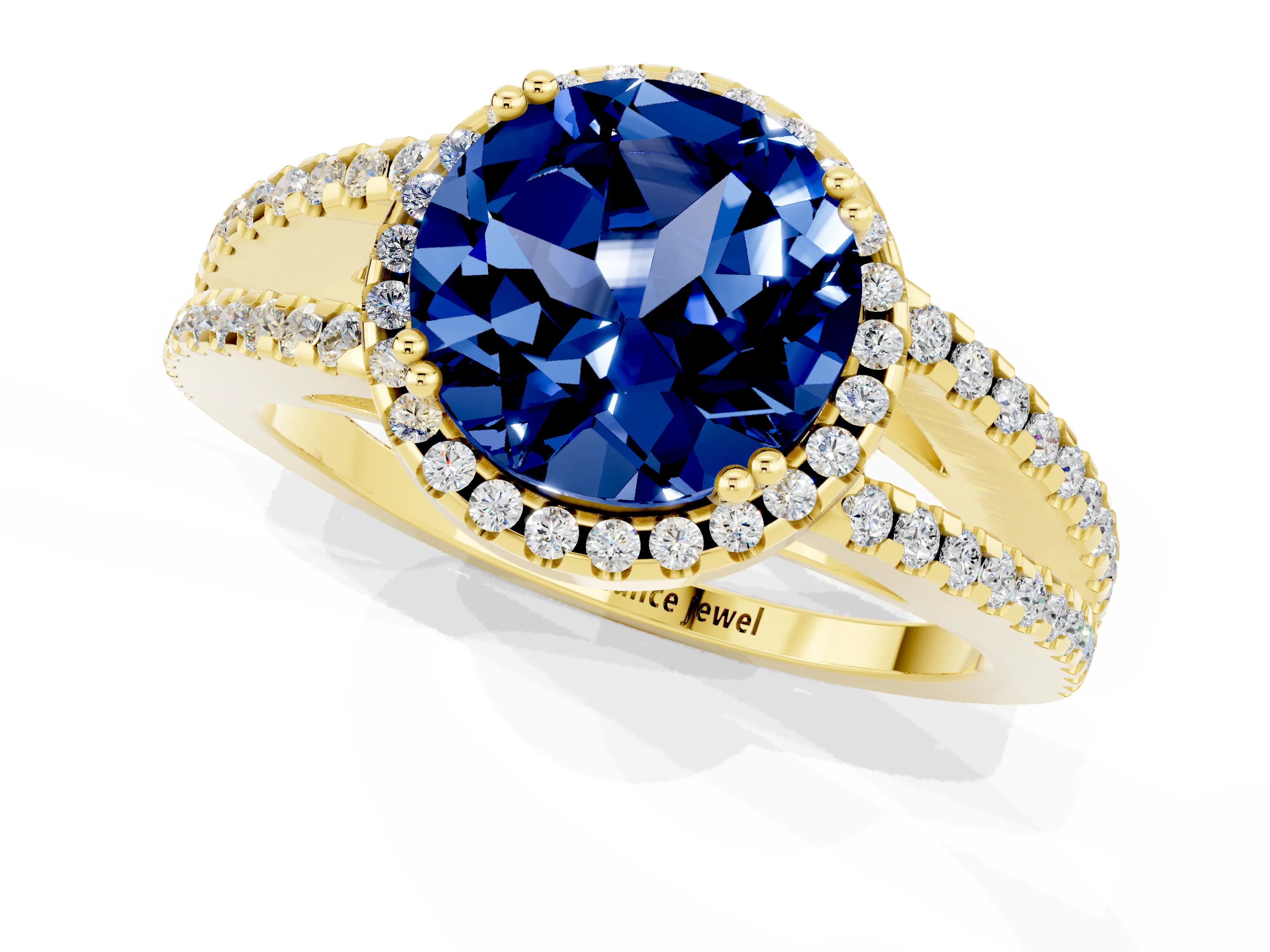Yellow gold Round Cut Blue Sapphire Halo Split Shank Engagement Ring_13