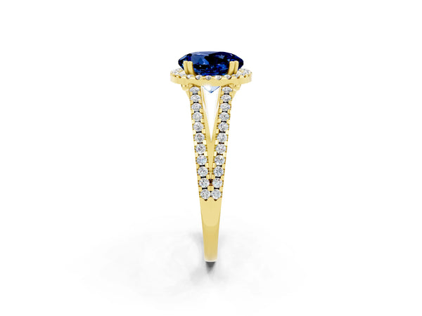 Yellow gold Round Cut Blue Sapphire Halo Split Shank Engagement Ring