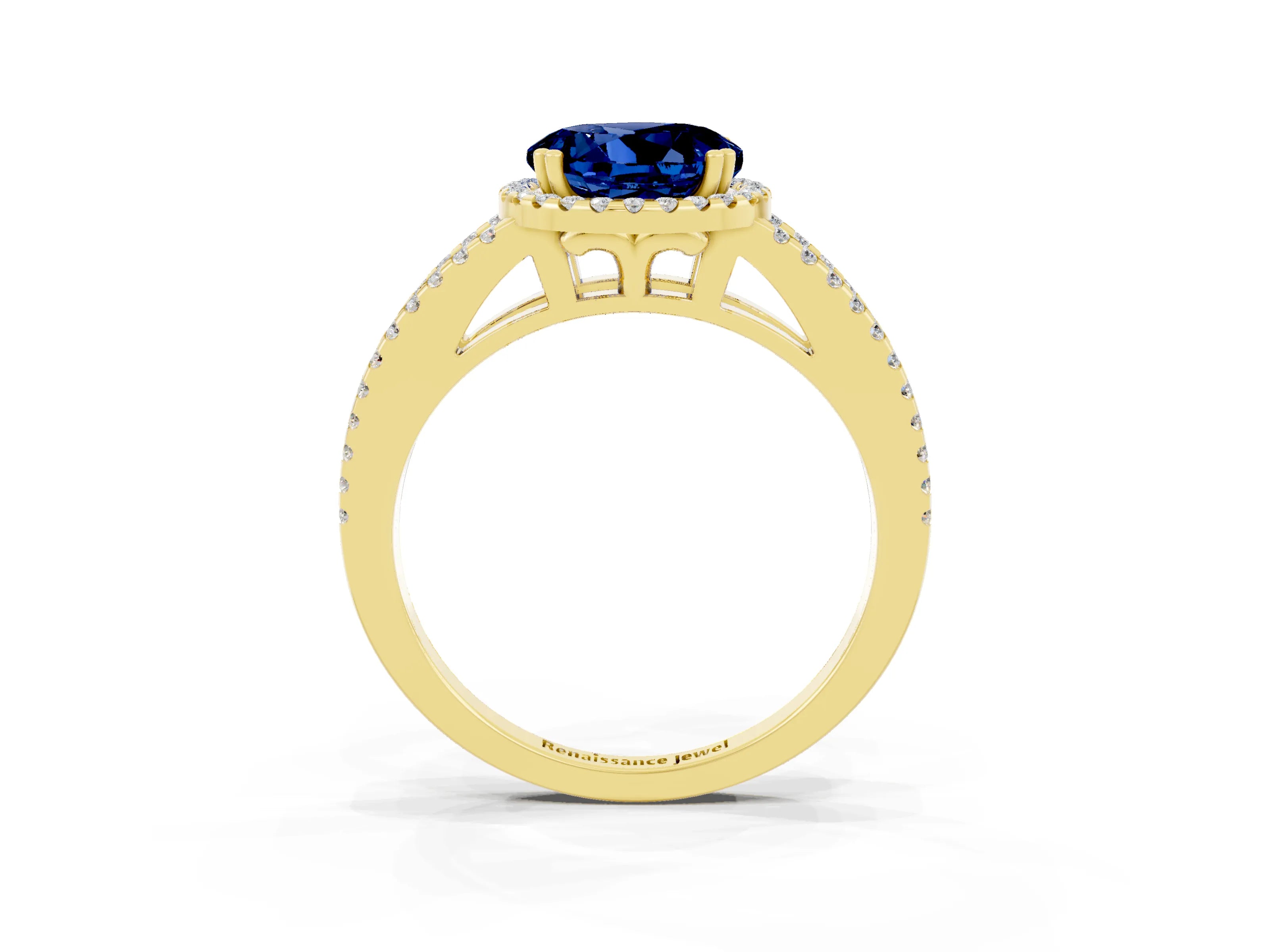 Yellow gold Round Cut Blue Sapphire Halo Split Shank Engagement Ring_15