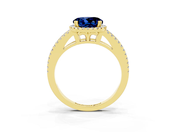 Yellow gold Round Cut Blue Sapphire Halo Split Shank Engagement Ring