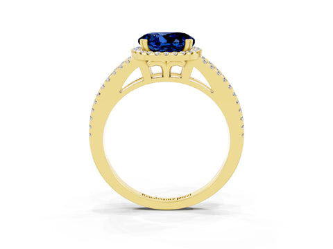 Yellow gold Round Cut Blue Sapphire Halo Split Shank Engagement Ring_15