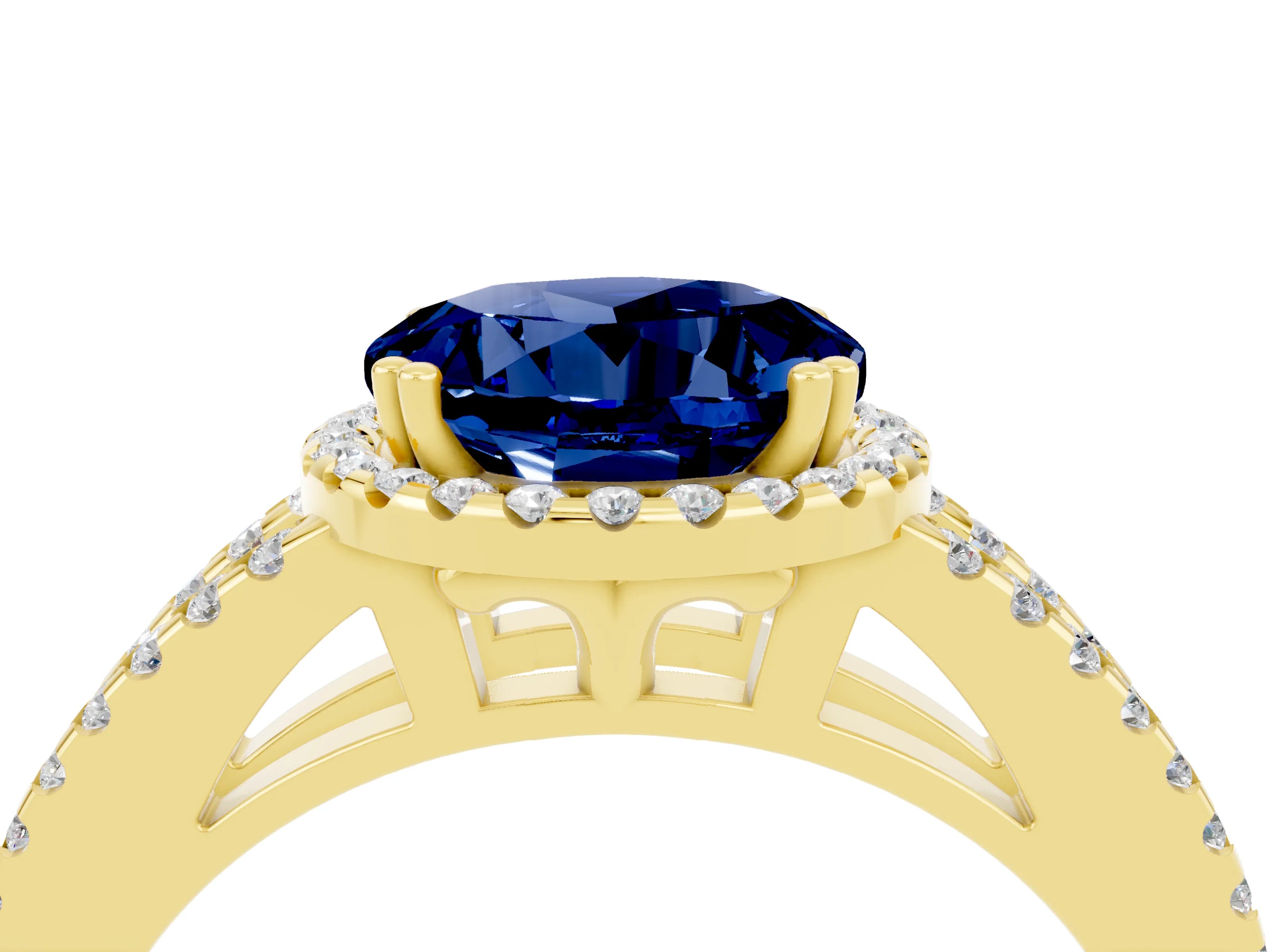 Yellow gold Round Cut Blue Sapphire Halo Split Shank Engagement Ring_16