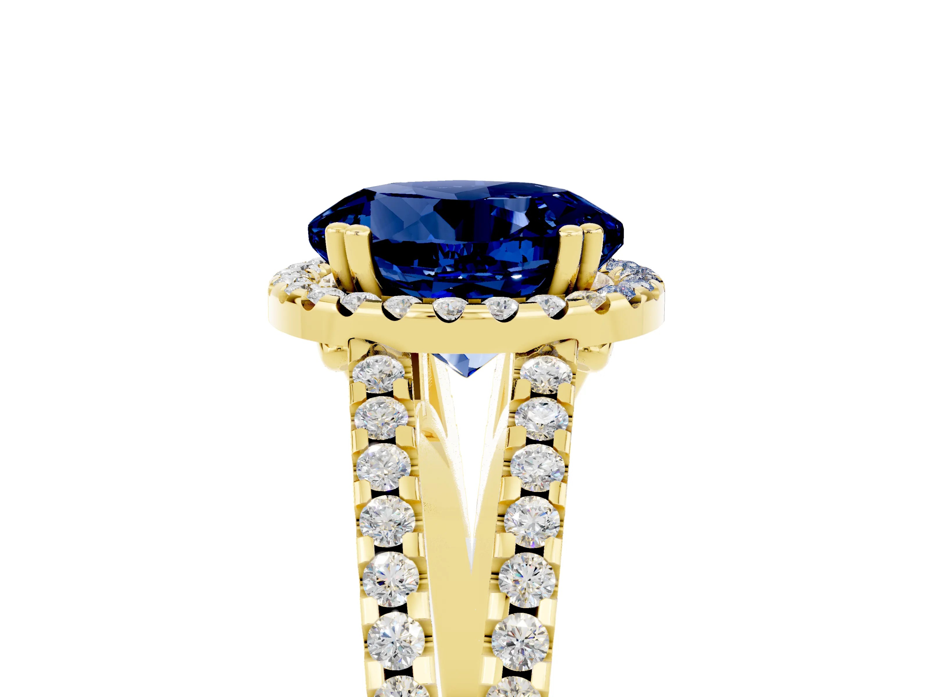 Yellow gold Round Cut Blue Sapphire Halo Split Shank Engagement Ring_17