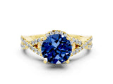 Yellow gold Round Cut Blue Sapphire Halo Twist Band Solitaire Prong Setting Ring