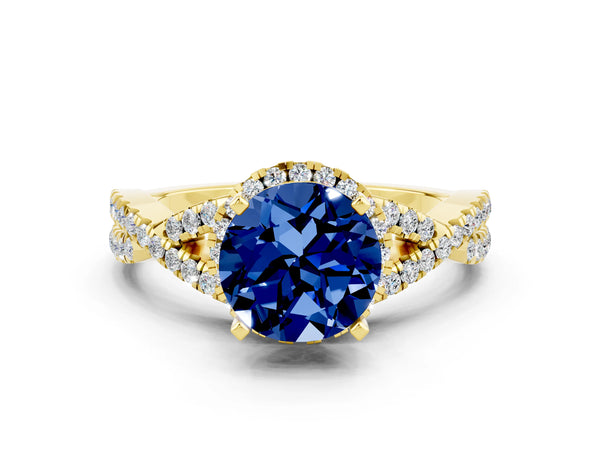 Yellow gold Round Cut Blue Sapphire  Halo Twist Band Solitaire Prong Setting Ring