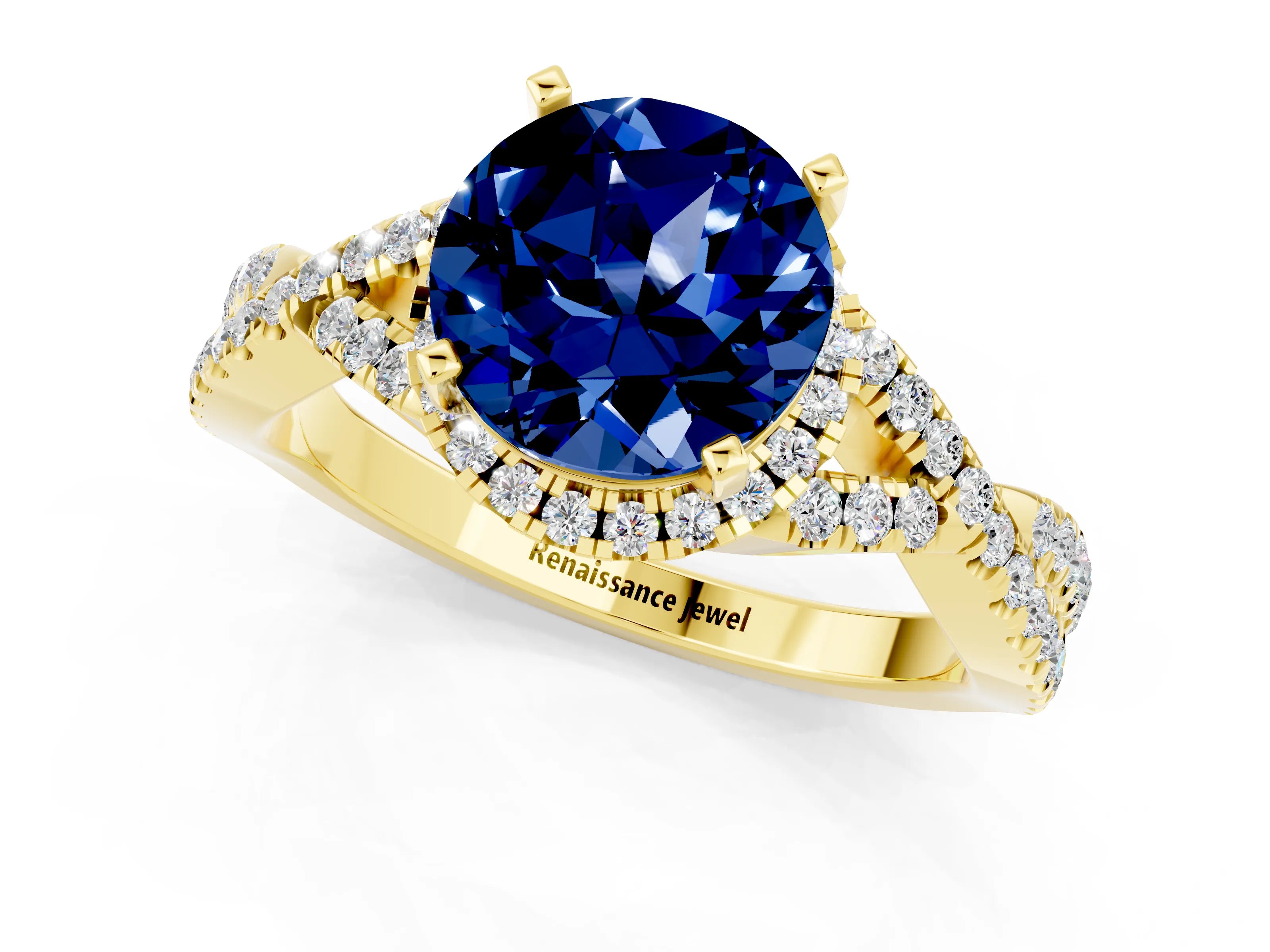 Yellow gold Round Cut Blue Sapphire Halo Twist Band Solitaire Prong Setting Ring_1