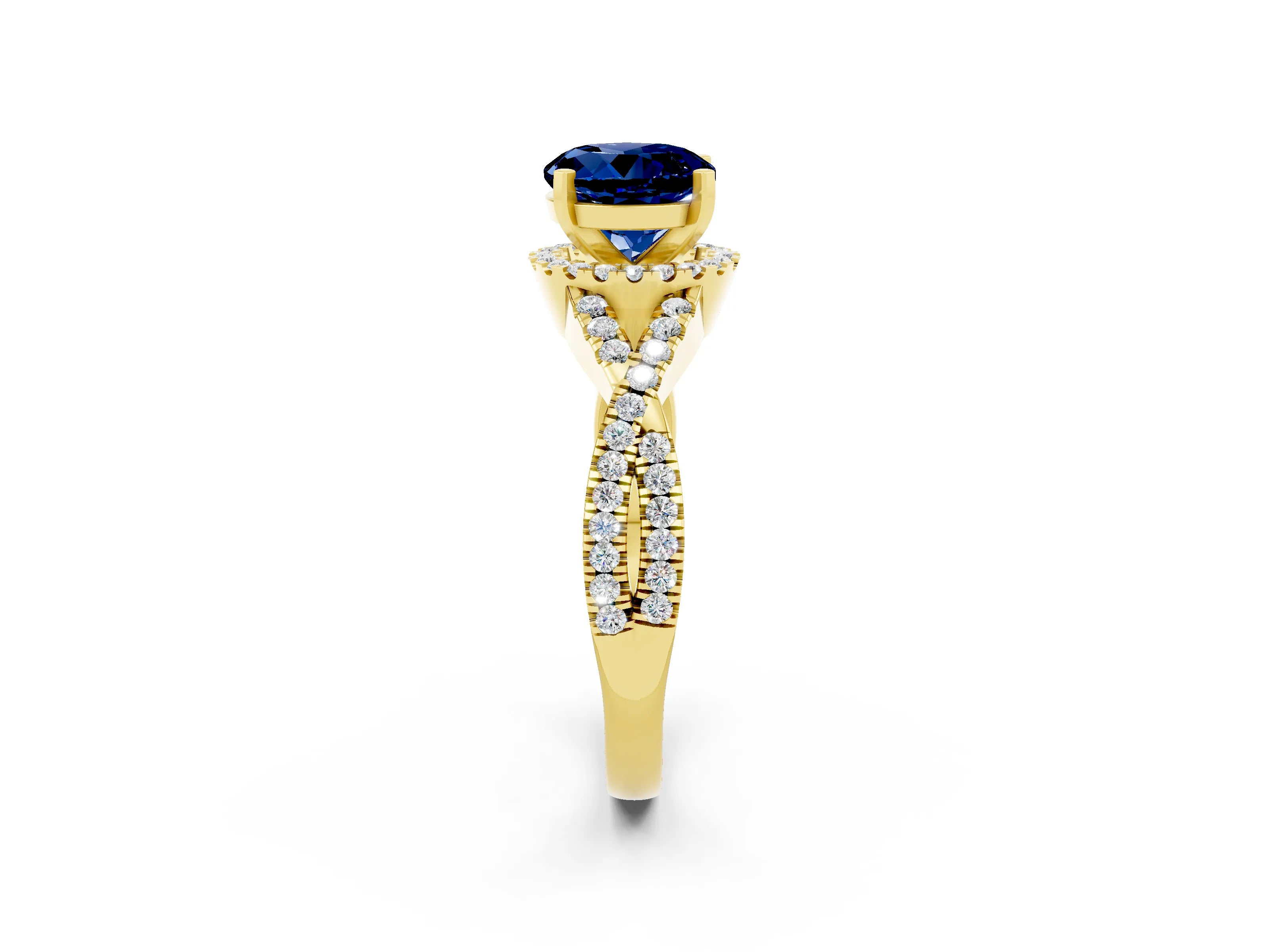 Yellow gold Round Cut Blue Sapphire Halo Twist Band Solitaire Prong Setting Ring_2