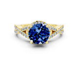 Yellow gold Round Cut Blue Sapphire  Halo Twist Band Solitaire Prong Setting Ring_24