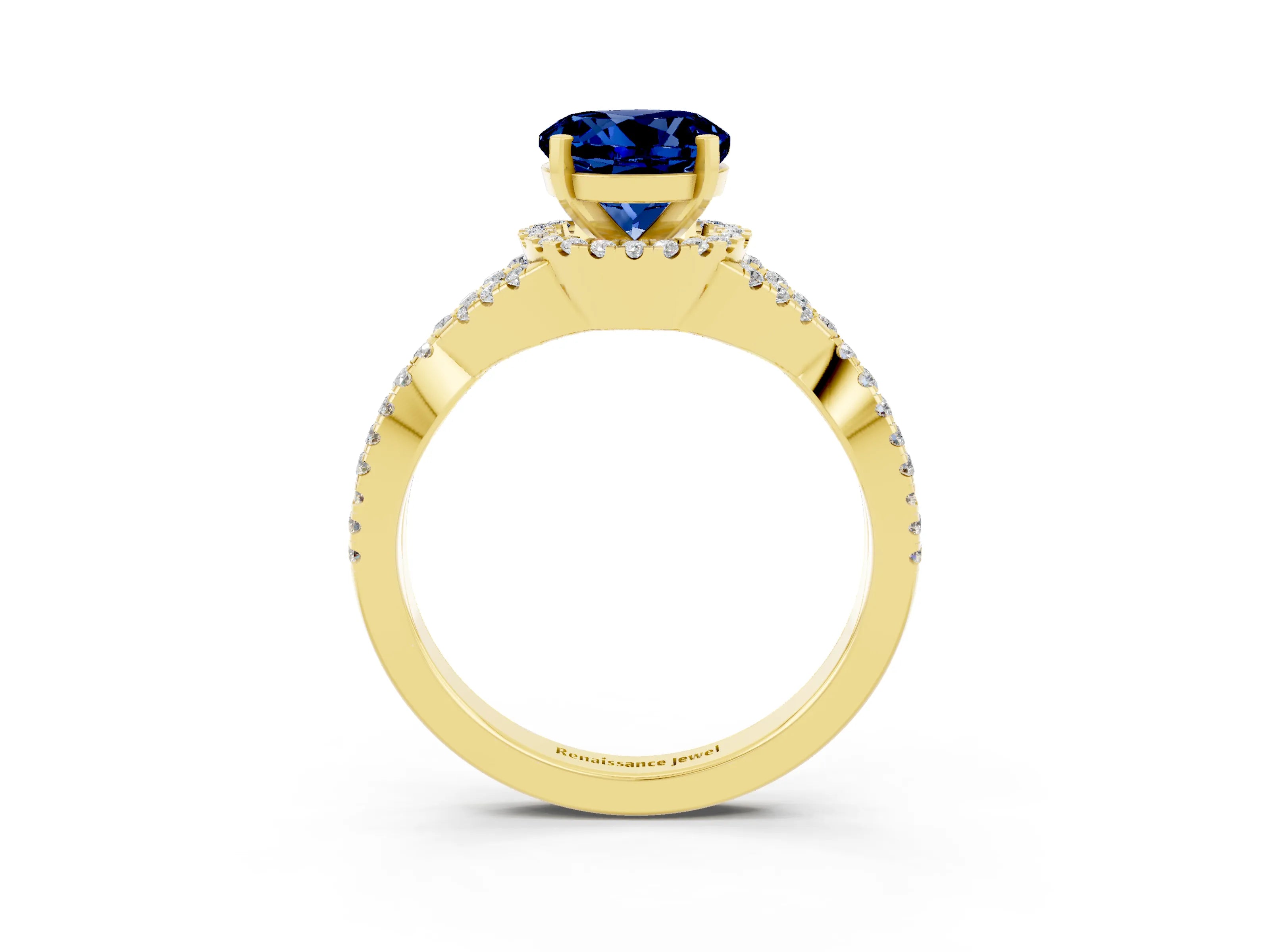 Yellow gold Round Cut Blue Sapphire Halo Twist Band Solitaire Prong Setting Ring_3