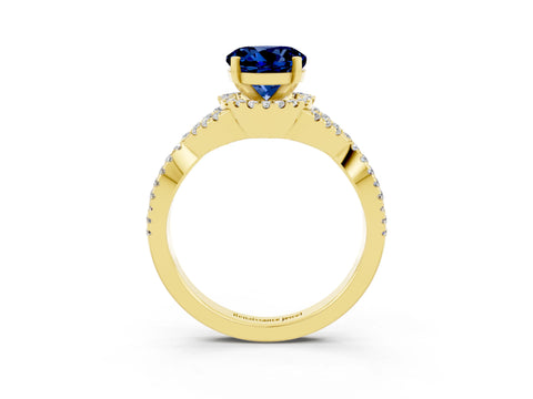 Yellow gold Round Cut Blue Sapphire Halo Twist Band Solitaire Prong Setting Ring_3