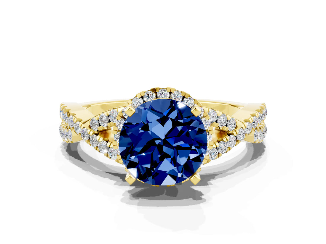 Yellow gold Round Cut Blue Sapphire  Halo Twist Band Solitaire Prong Setting Ring_42