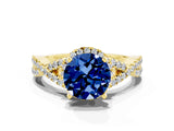 Yellow gold Round Cut Blue Sapphire  Halo Twist Band Solitaire Prong Setting Ring_42