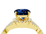 Yellow gold Round Cut Blue Sapphire  Halo Twist Band Solitaire Prong Setting Ring_46