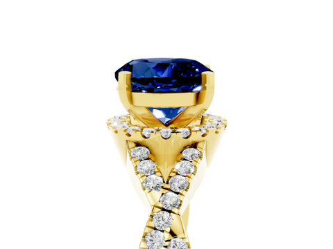 Yellow gold Round Cut Blue Sapphire Halo Twist Band Solitaire Prong Setting Ring_5