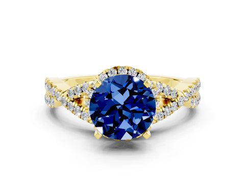 Yellow gold Round Cut Blue Sapphire Halo Twist Band Solitaire Prong Setting Ring