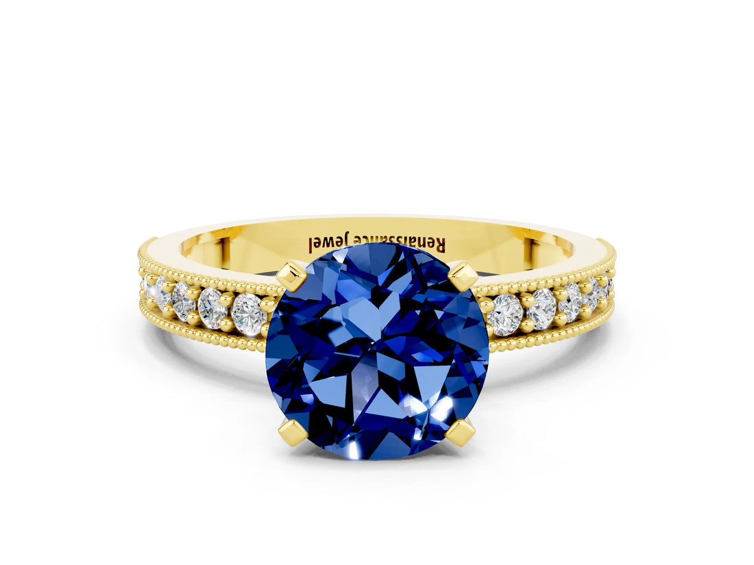 Yellow gold Round Cut Blue Sapphire Milgrain Pavé Engagement Ring with Four-Prong Setting