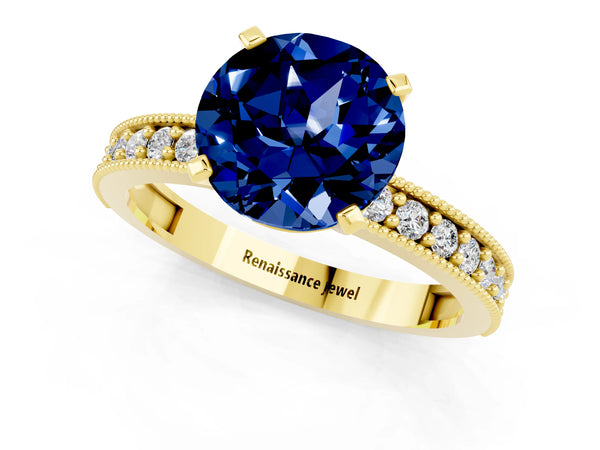 Yellow gold Round Cut Blue Sapphire Milgrain Pavé Engagement Ring with Four-Prong Setting