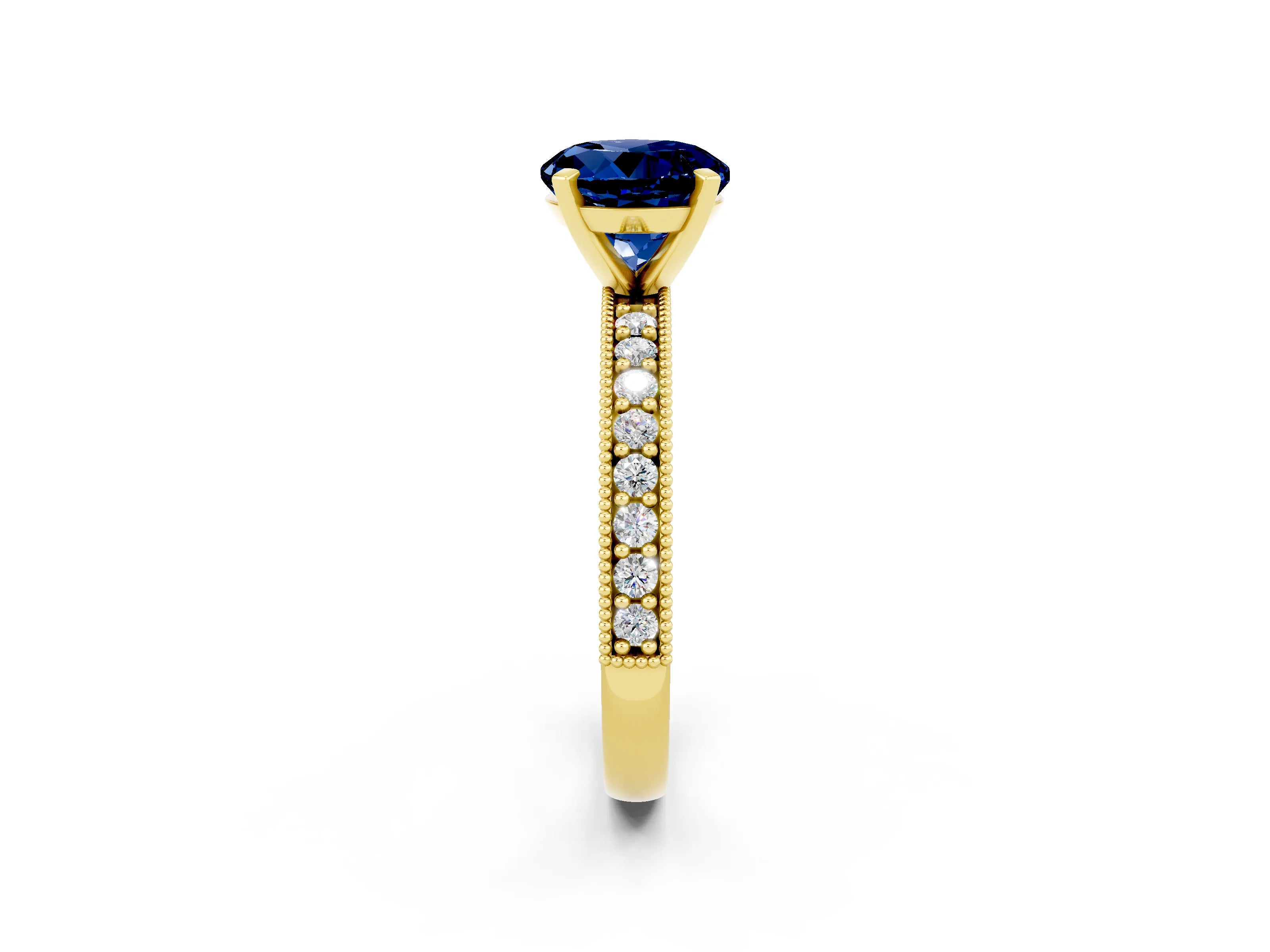 Yellow gold Round Cut Blue Sapphire Milgrain Pavé Engagement Ring with Four-Prong Setting_2