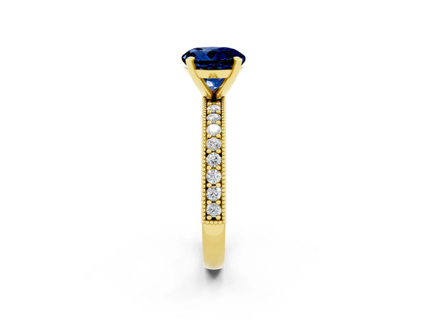 Yellow gold Round Cut Blue Sapphire Milgrain Pavé Engagement Ring with Four-Prong Setting