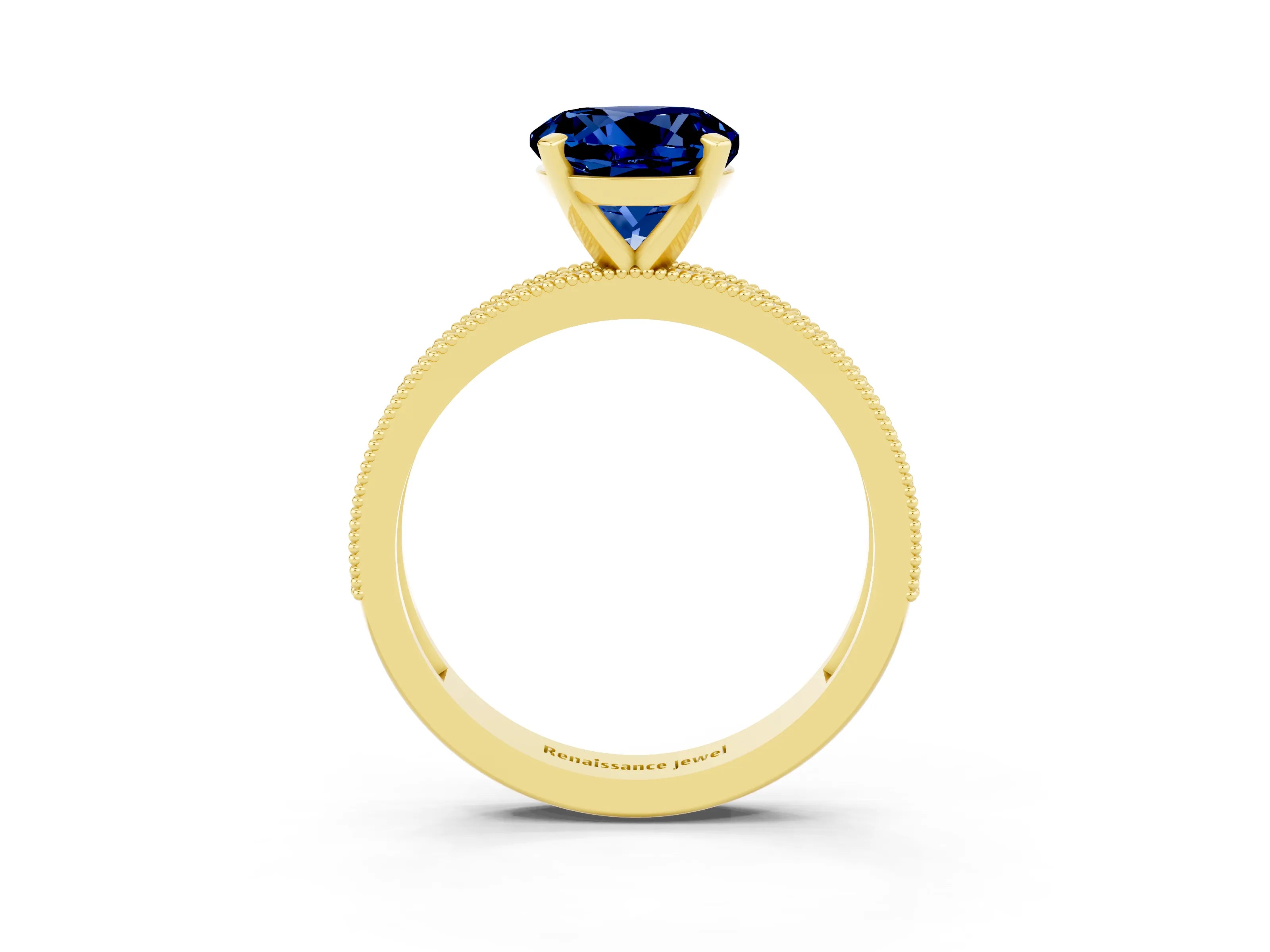 Yellow gold Round Cut Blue Sapphire Milgrain Pavé Engagement Ring with Four-Prong Setting_3