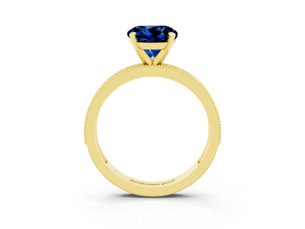 Yellow gold Round Cut Blue Sapphire Milgrain Pavé Engagement Ring with Four-Prong Setting