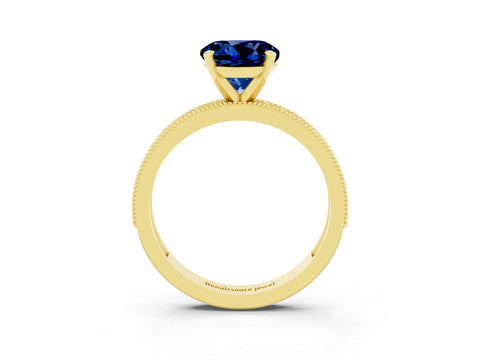 Yellow gold Round Cut Blue Sapphire Milgrain Pavé Engagement Ring with Four-Prong Setting_3