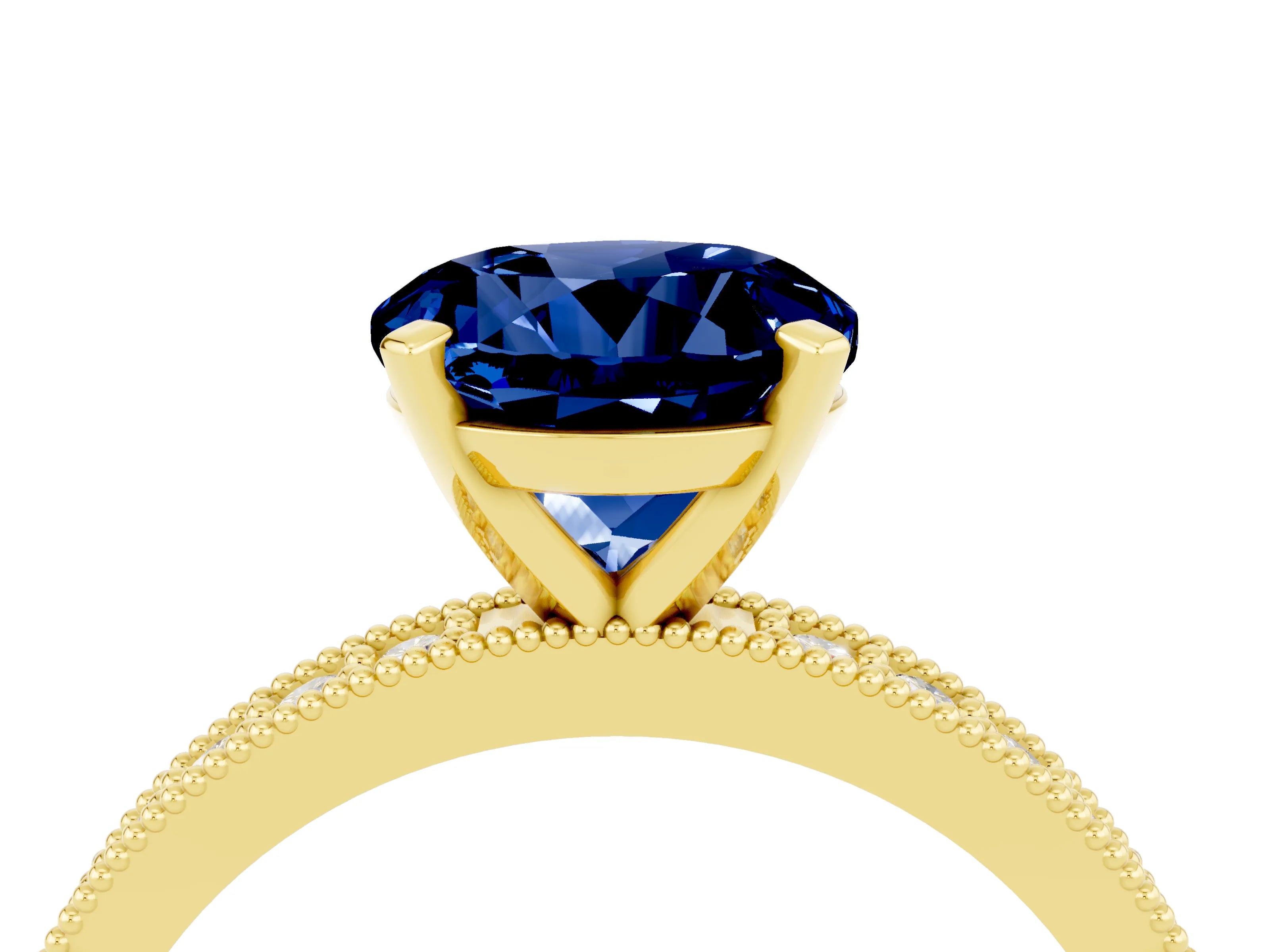 Yellow gold Round Cut Blue Sapphire Milgrain Pavé Engagement Ring with Four-Prong Setting_4