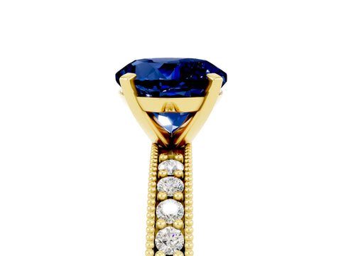 Yellow gold Round Cut Blue Sapphire Milgrain Pavé Engagement Ring with Four-Prong Setting_5