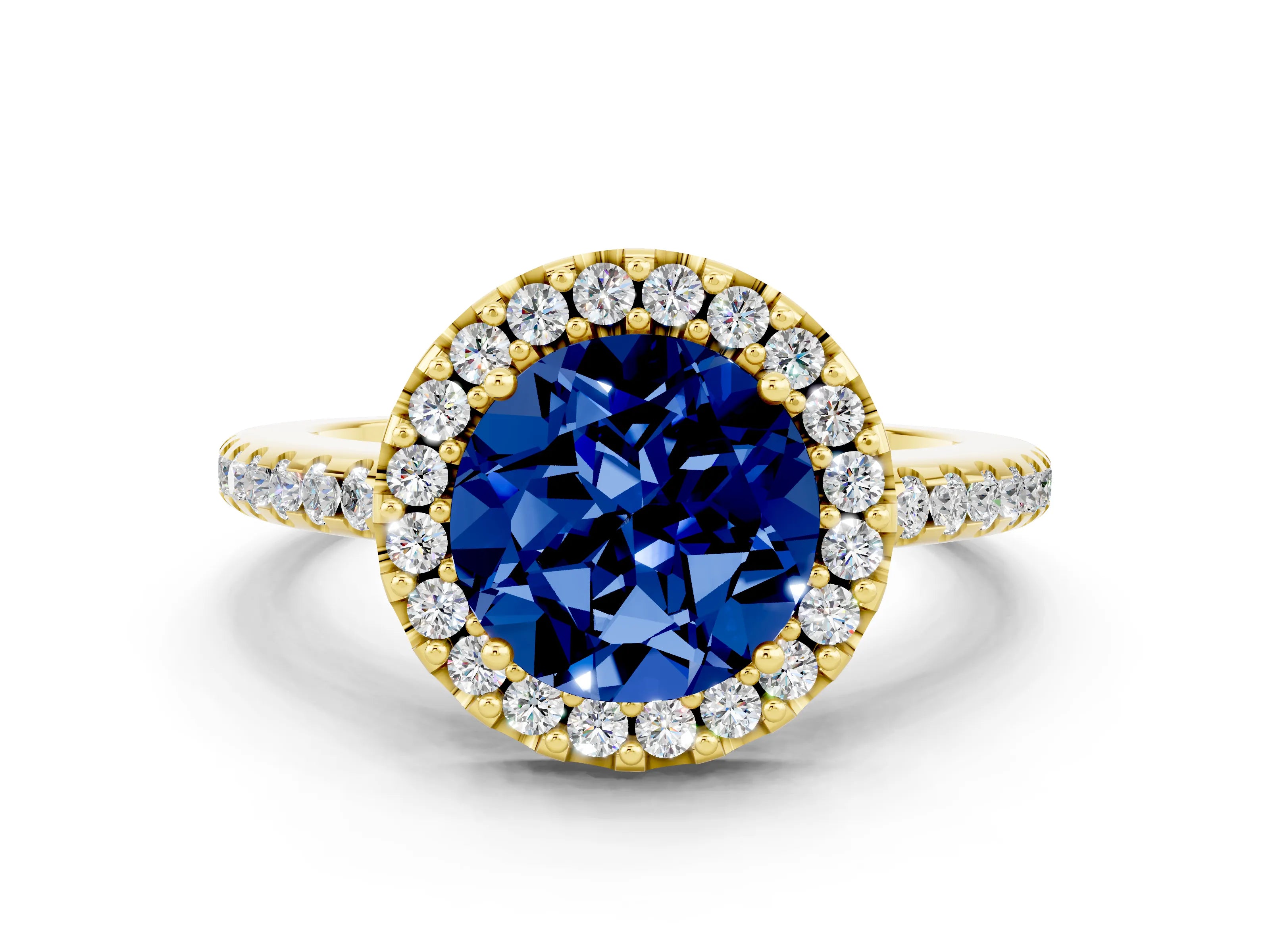 Yellow gold Round Cut Blue Sapphire Pavé Halo Ring with Four-Prong Setting_12