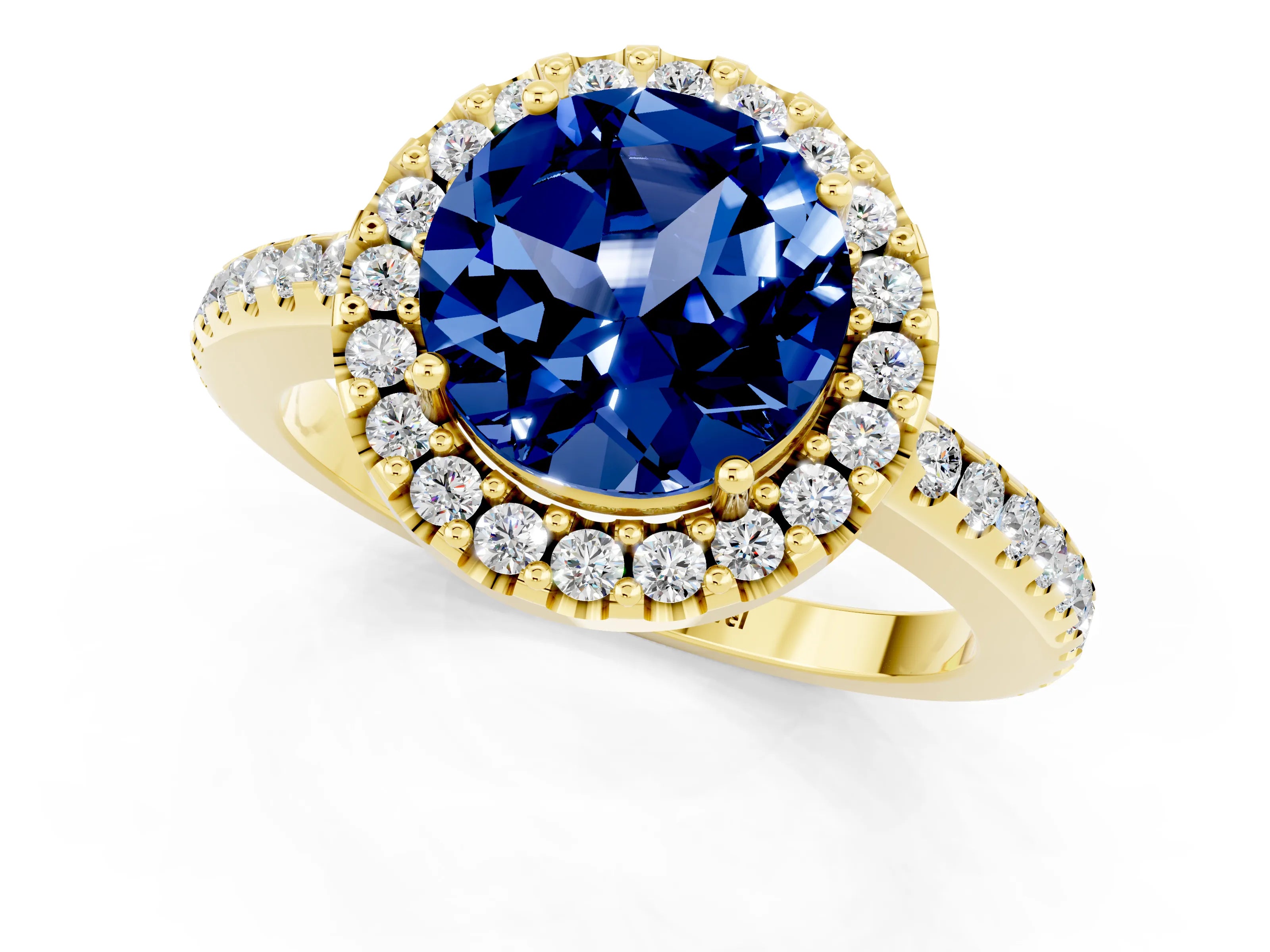 Yellow gold Round Cut Blue Sapphire Pavé Halo Ring with Four-Prong Setting_13