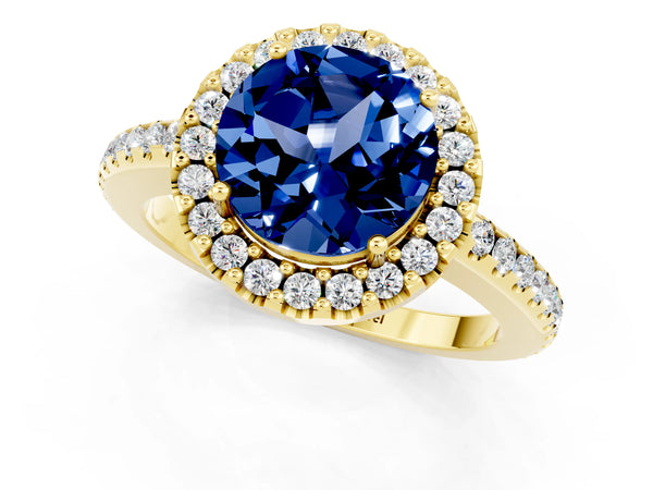 Yellow gold Round Cut Blue Sapphire Pavé Halo Ring with Four-Prong Setting