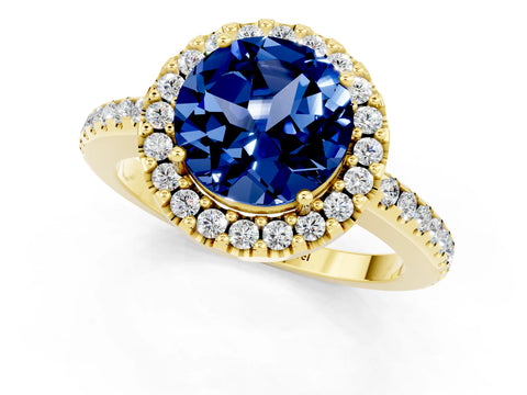 Yellow gold Round Cut Blue Sapphire Pavé Halo Ring with Four-Prong Setting_13
