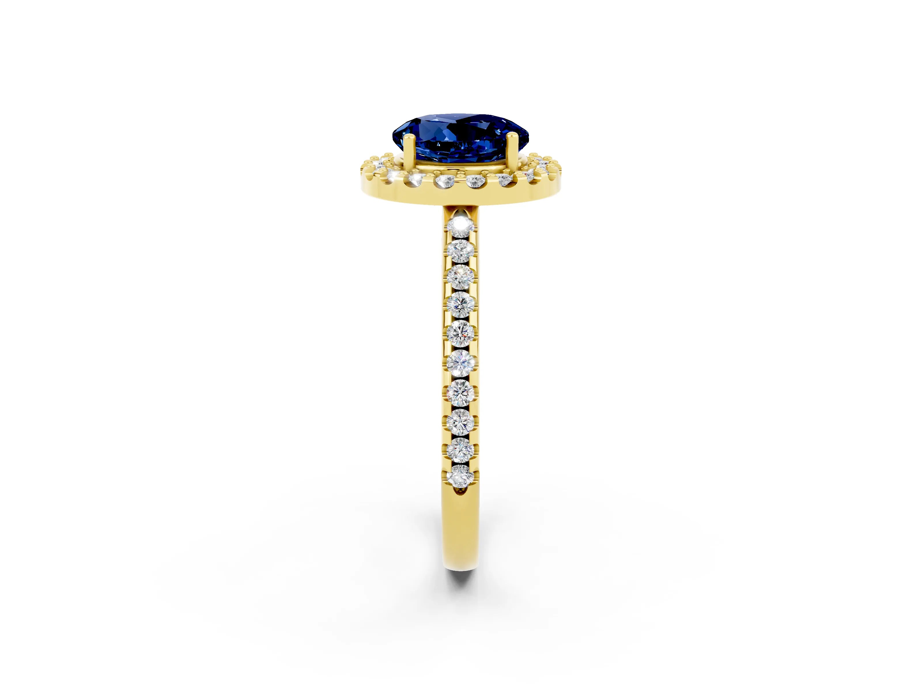 Yellow gold Round Cut Blue Sapphire Pavé Halo Ring with Four-Prong Setting_14