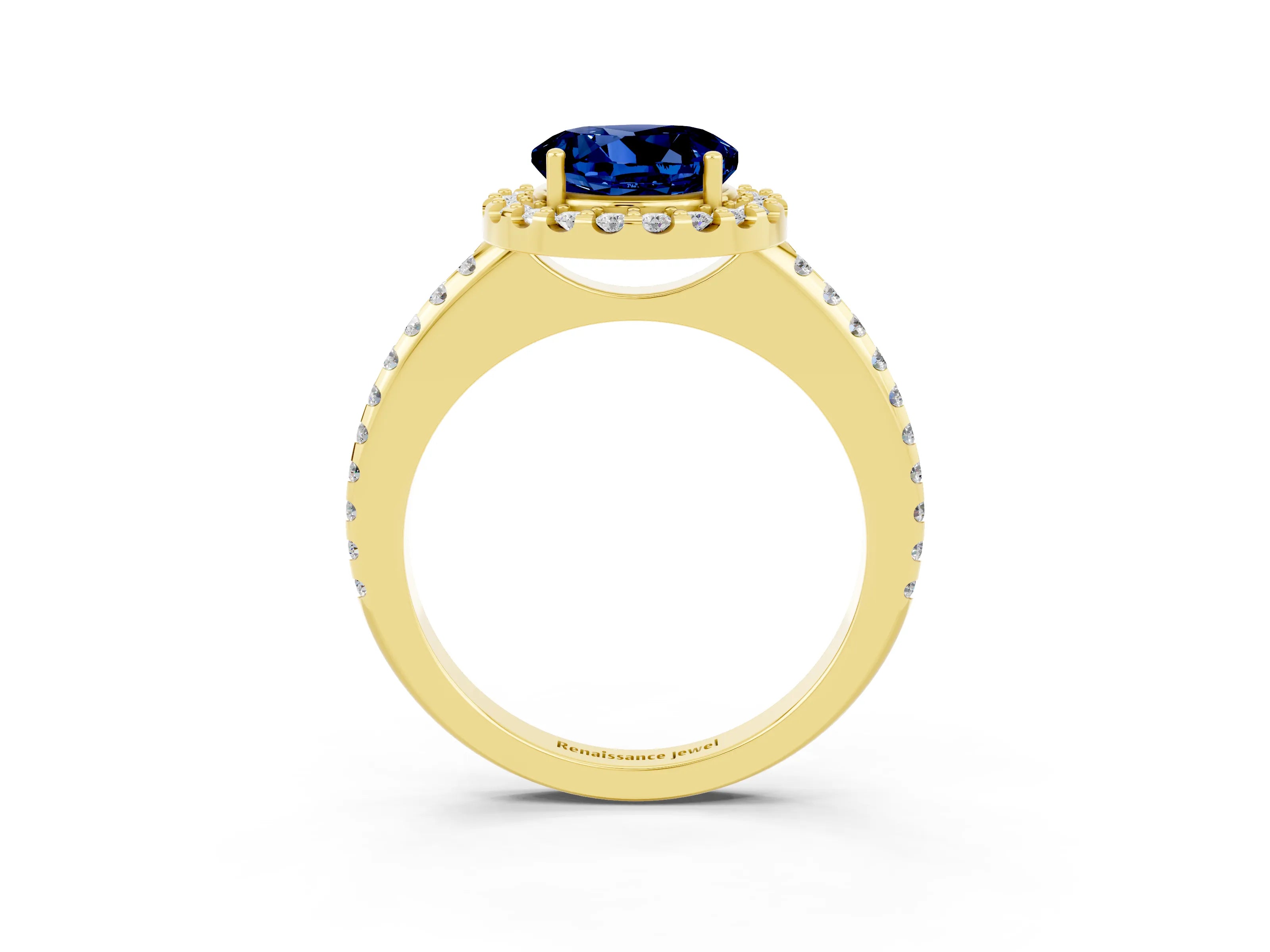 Yellow gold Round Cut Blue Sapphire Pavé Halo Ring with Four-Prong Setting_15