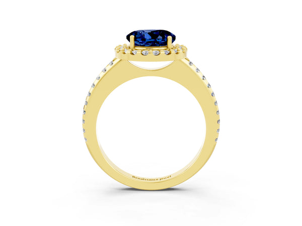 Yellow gold Round Cut Blue Sapphire Pavé Halo Ring with Four-Prong Setting