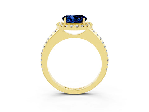 Yellow gold Round Cut Blue Sapphire Pavé Halo Ring with Four-Prong Setting_15