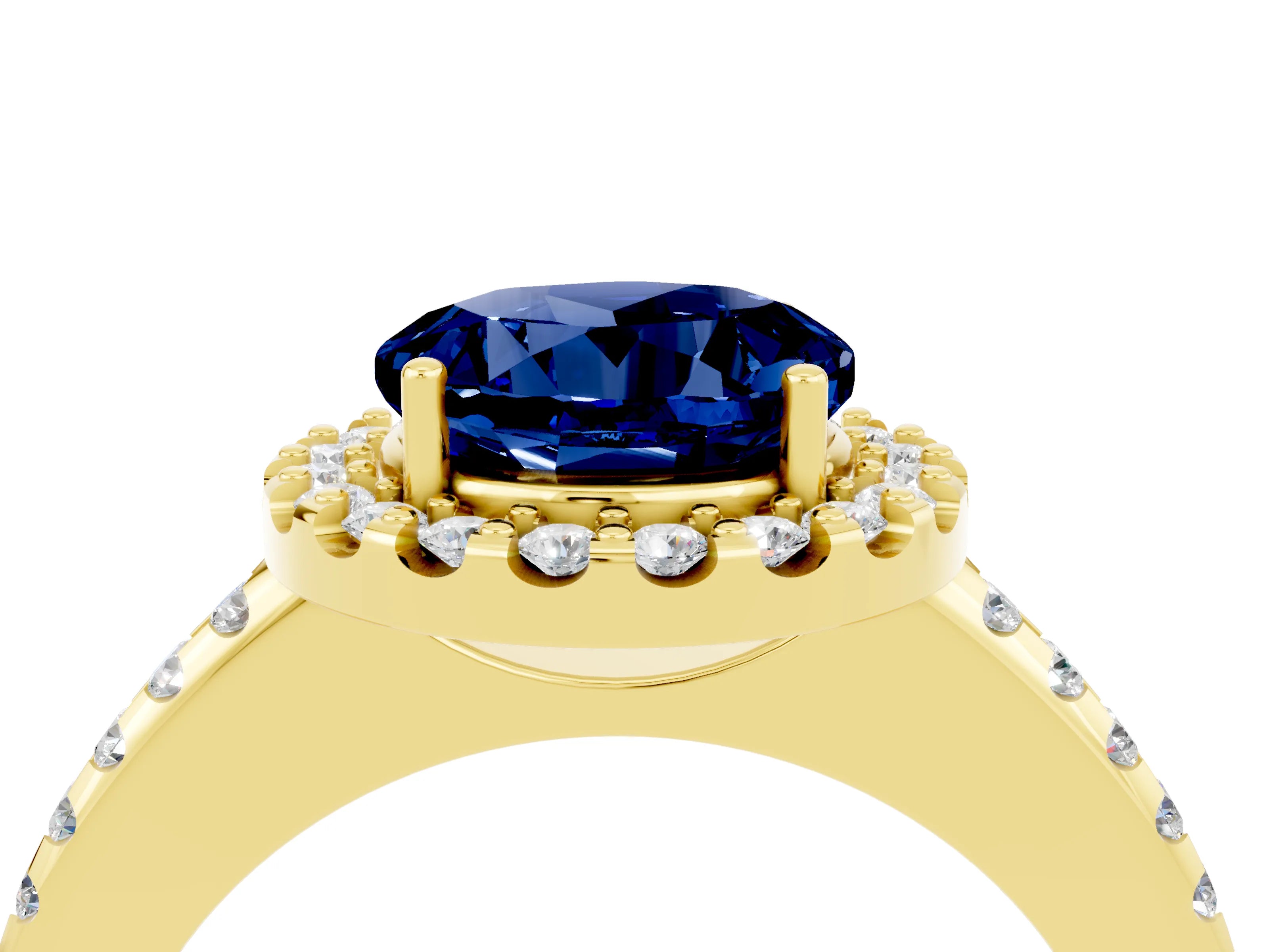 Yellow gold Round Cut Blue Sapphire Pavé Halo Ring with Four-Prong Setting_16