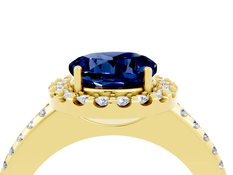 Yellow gold Round Cut Blue Sapphire Pavé Halo Ring with Four-Prong Setting_16