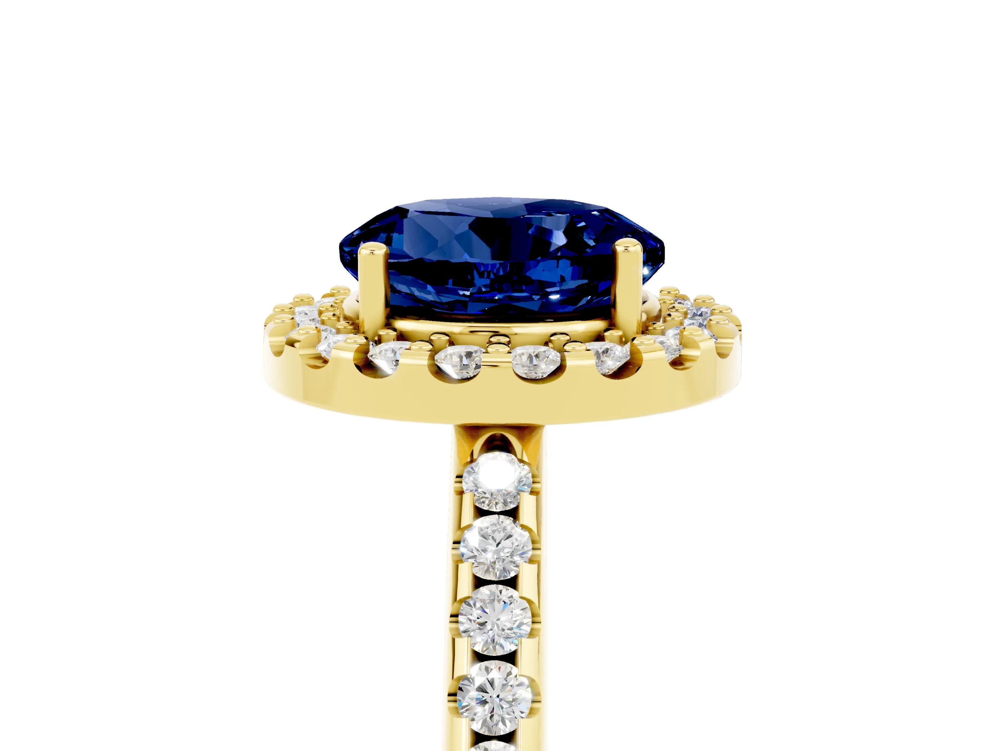 Yellow gold Round Cut Blue Sapphire Pavé Halo Ring with Four-Prong Setting_17